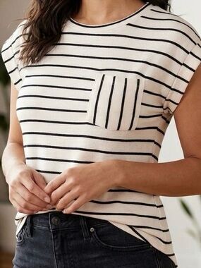 Monteau Los Angeles Cream and Green Horizontal Striped Short Sleeve Top Size XL
